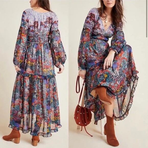 Maeve | Anthropologie Annabella Maxi Dress Boho Tiered Ruffled V-Neck Size 4 - Picture 2 of 11